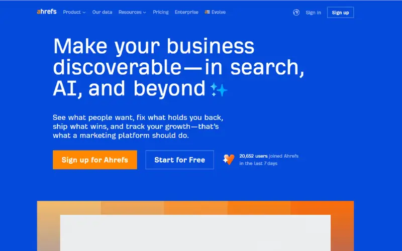 Official Ahrefs website showing features for SEO, competitor analysis, and keyword tracking tools for businesses.