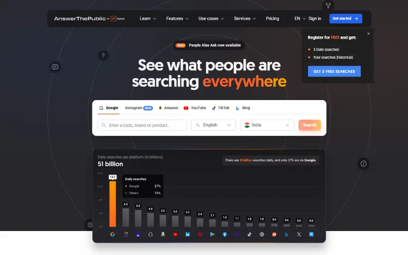  AnswerThePublic official homepage for generating SEO tools for small business content ideas

