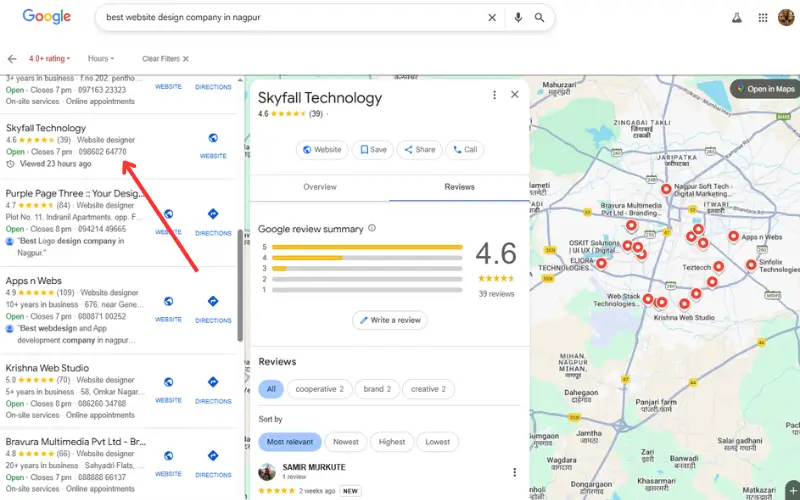 Skyfall Technology Google My Business listing in Nagpur with customer reviews and local map