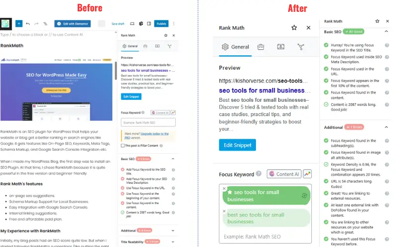 RankMath before and after SEO optimization – improved SEO score for small businesses