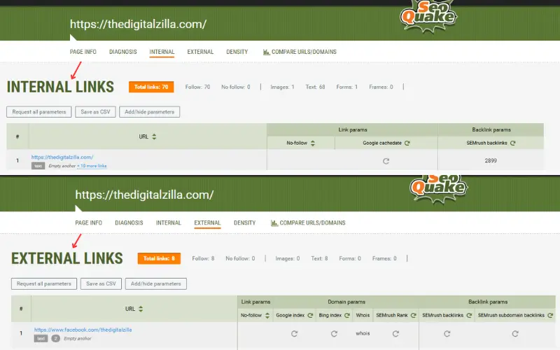 SEOquake report screenshot showing detailed analysis of internal links and external links, including total counts, follow/no-follow status, text links, and backlink parameters for thedigitalzilla.com.