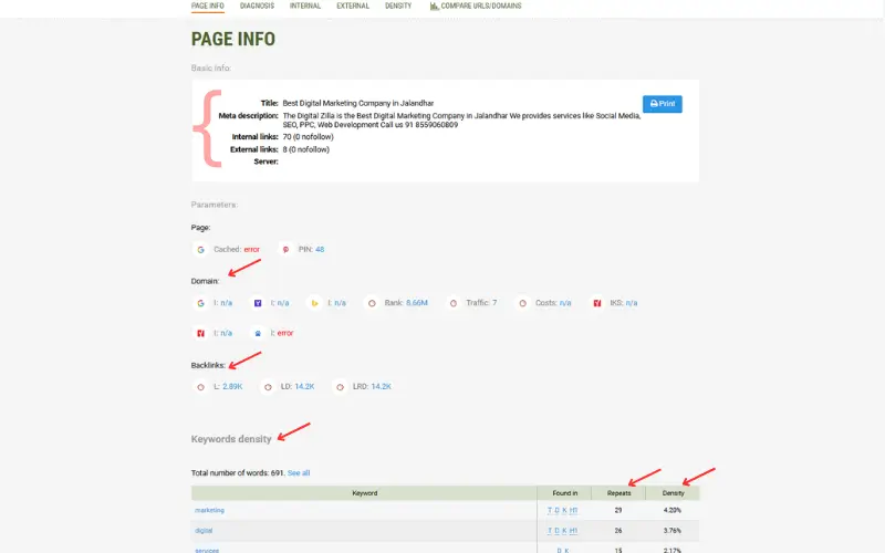 SEOquake Page Info tab showing website title, meta description, internal and external links, domain metrics, backlinks, and keyword density details for page-level SEO analysis.